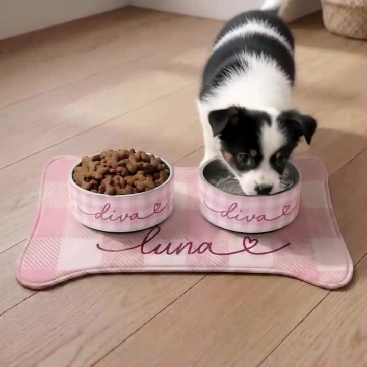 Black and white puppy eating from bowls on a pink checkered bone-shaped personalized pet feeding mat