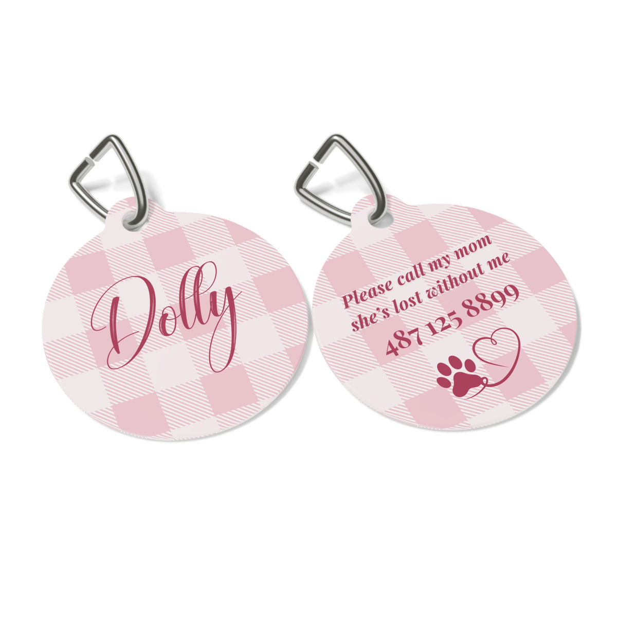 Front and back of the pink checkered personalized pet tag side by side