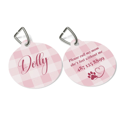 Front and back of the pink checkered personalized pet tag side by side