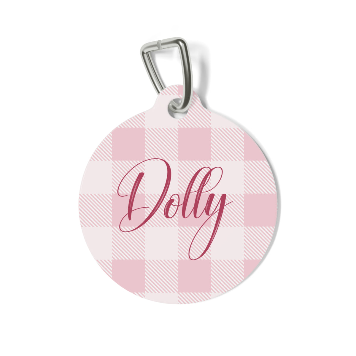 Pink checkered personalized pet tag with the name Dolly in pink script
