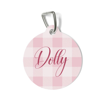 Pink checkered personalized pet tag with the name Dolly in pink script