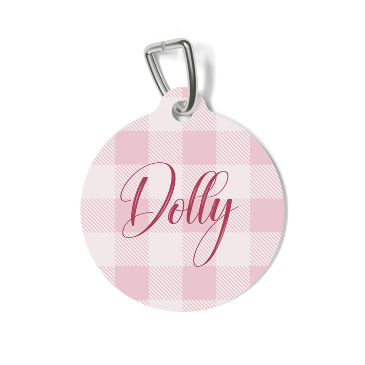 Pink checkered personalized pet tag with the name Dolly in pink script