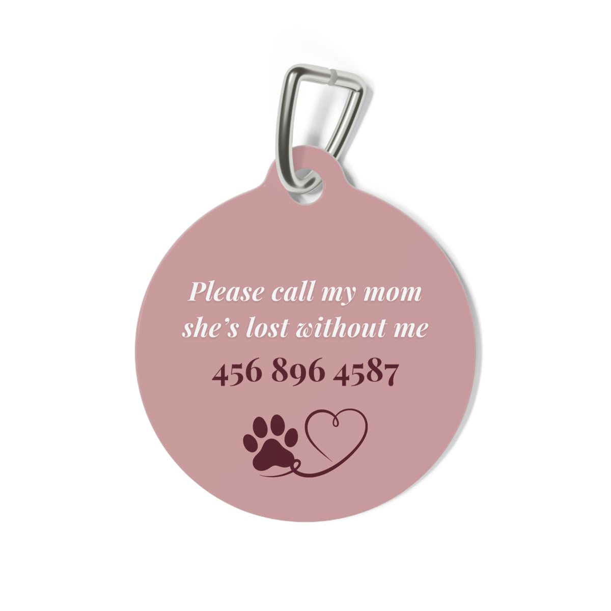 Back of the pink heart pet tag with phone number and paw heart