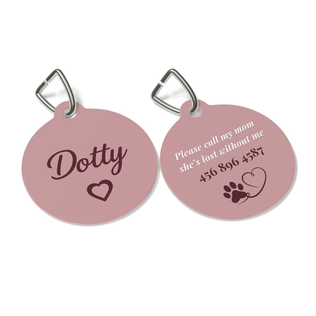Front and back of the pink heart personalized pet tag with engraved contact details