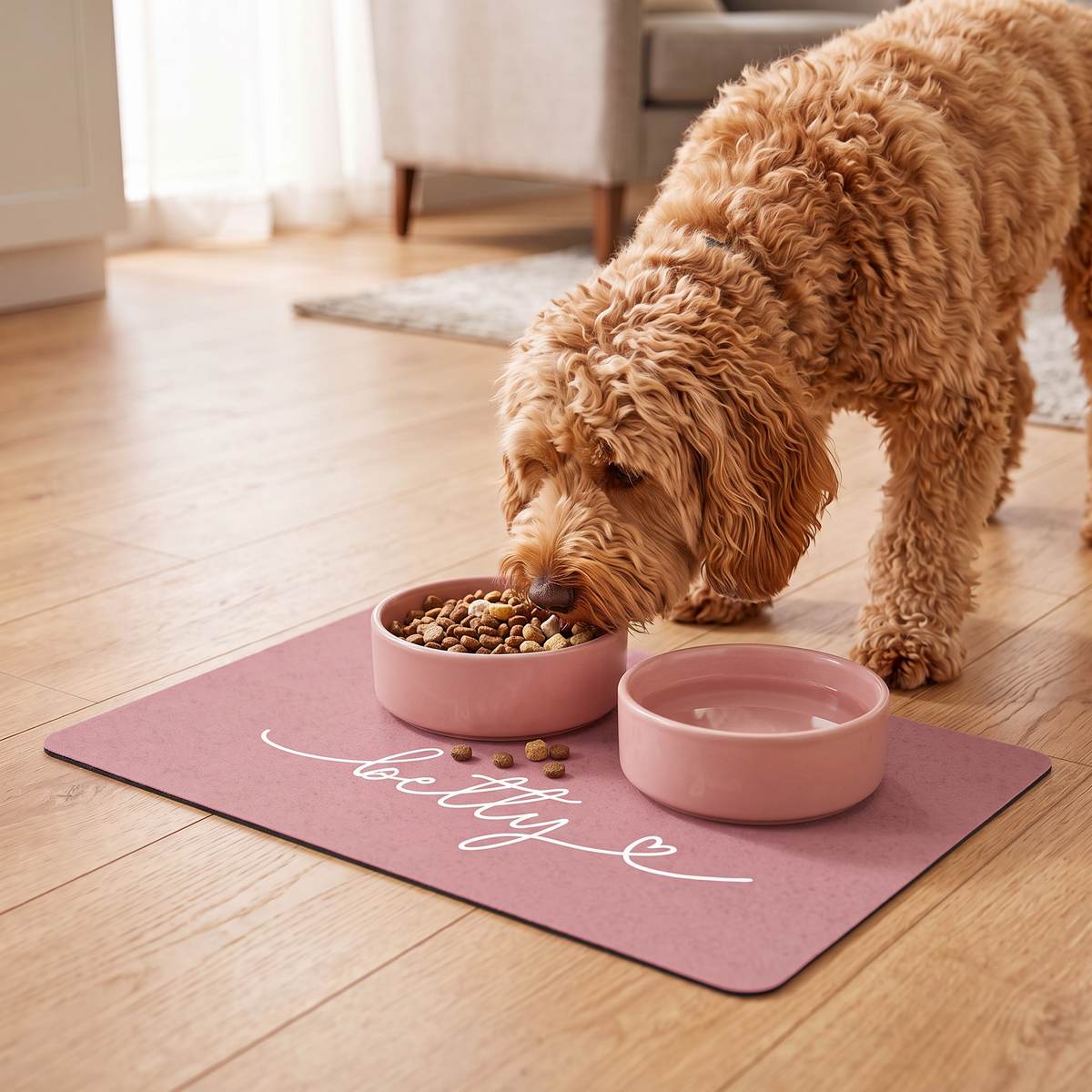 Curly apricot dog eating from pink bowls on a pink personalized pet food mat