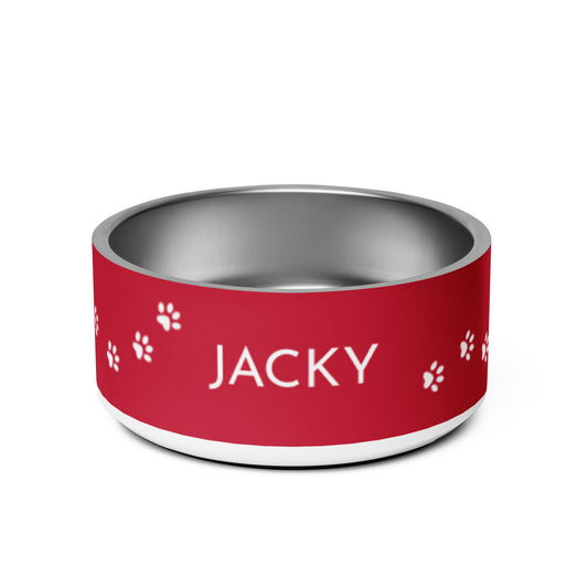 32 oz red paw print personalized dog bowl with the name Jacky