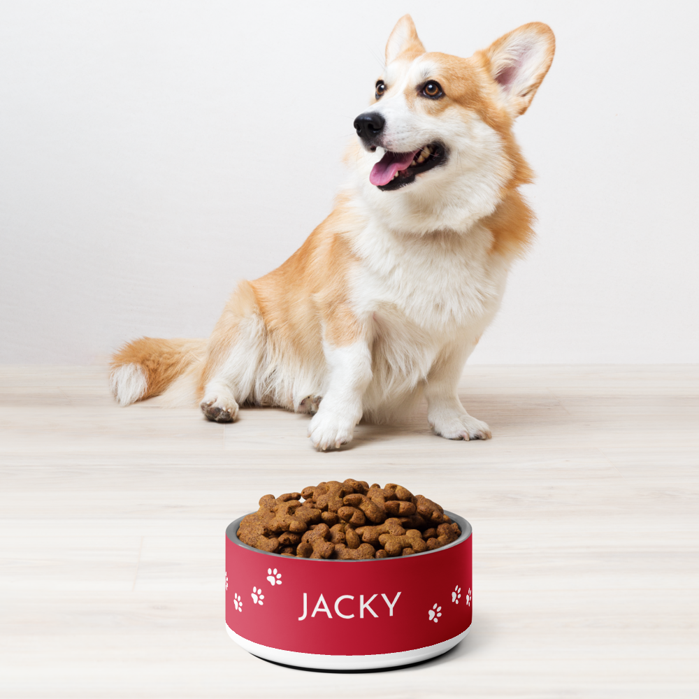 Corgi sitting next to a red paw print personalized dog bowl filled with kibble
