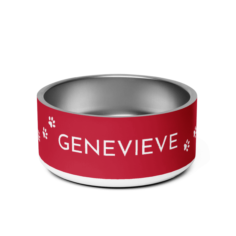 Red paw print personalized dog bowl with the long name Genevieve in white letters