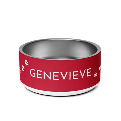 Red paw print personalized dog bowl with the long name Genevieve in white letters