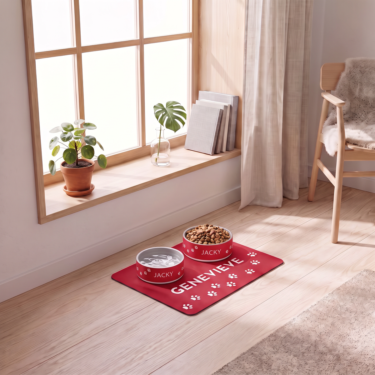 Red paw print personalized dog bowls on a matching red dog food mat in a bright room by the window