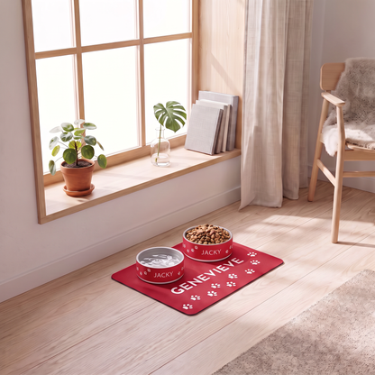 Red paw print personalized dog bowls on a matching red dog food mat in a bright room by the window