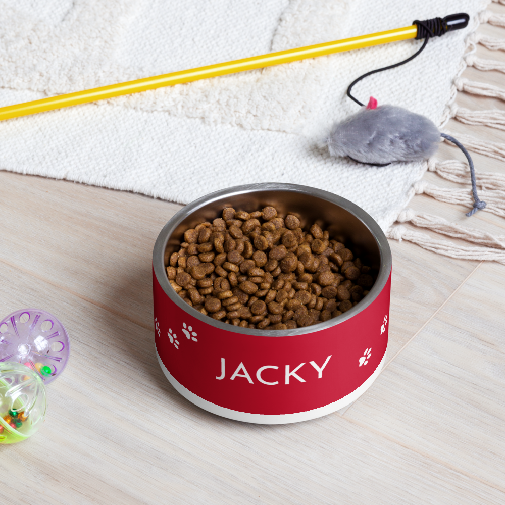Red personalized dog bowl with the name Jacky and kibble next to a dog toy on a rug