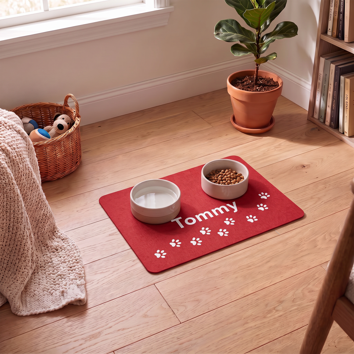 Red paw print personalized dog food mat with two bowls on a wooden floor in a cozy living room