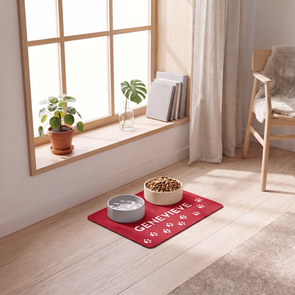 Red paw print personalized dog food mat with two bowls on the floor of a bright room by the window