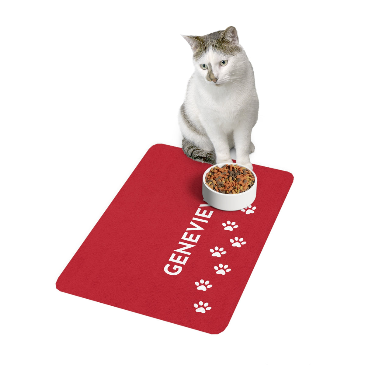 Cat sitting next to a red paw print personalized dog food mat with a food bowl
