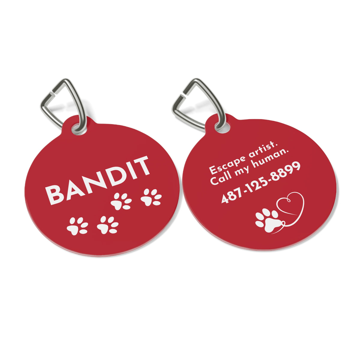 Front and back of red paw print personalized dog tag with name Bandit and Escape artist contact text