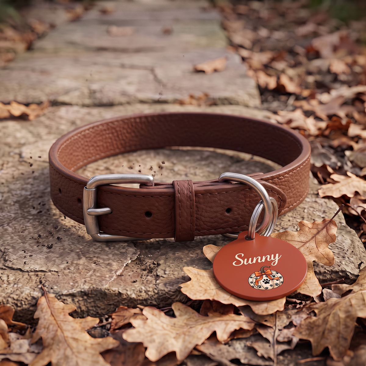 Rust pumpkin personalized dog tag on a brown leather collar in autumn leaves