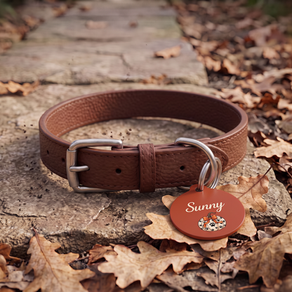 Rust pumpkin personalized dog tag on a brown leather collar in autumn leaves