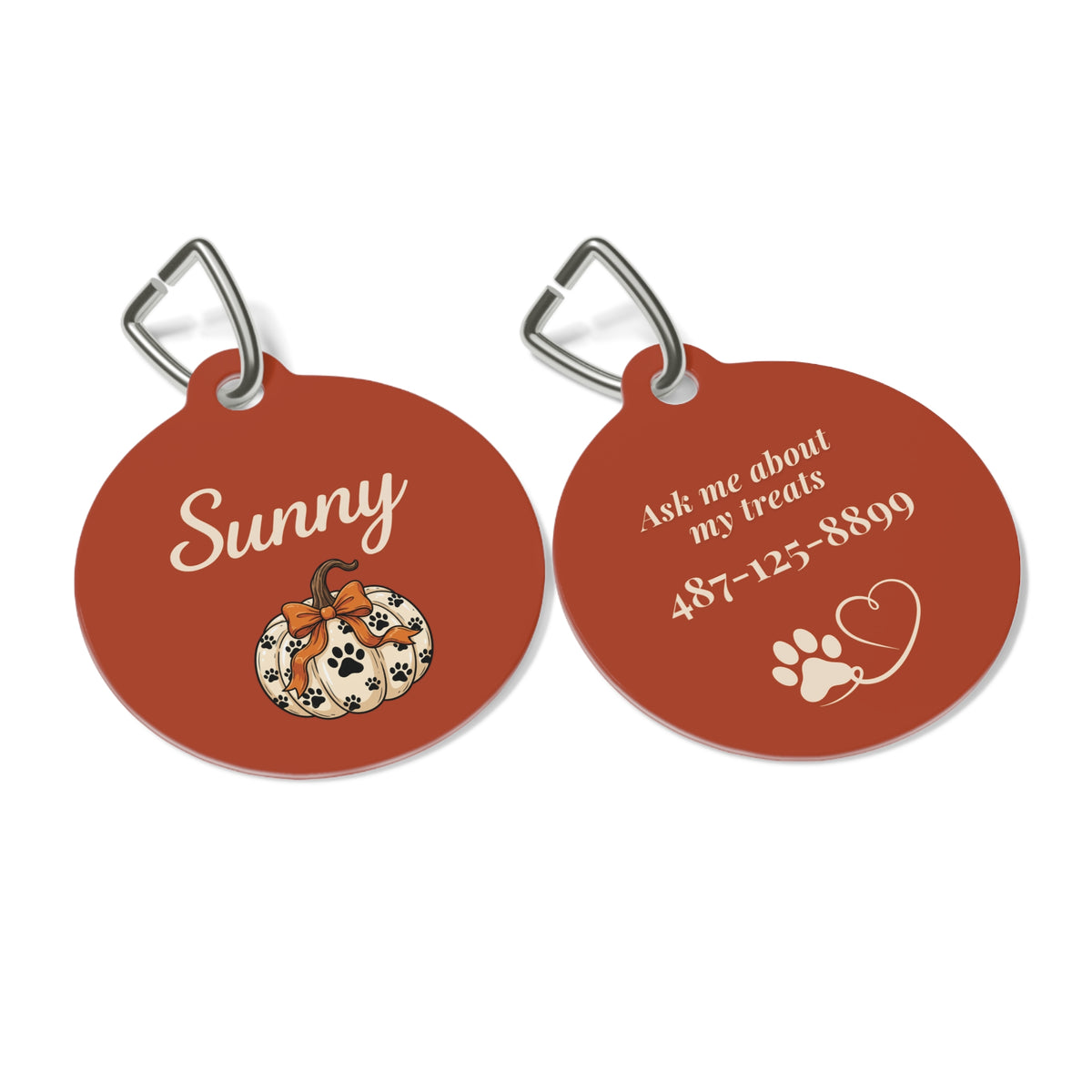 Front and back of rust pumpkin personalized dog tag with name, pumpkin, funny saying and phone number