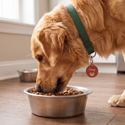 Golden retriever eating from a bowl while wearing a rust pumpkin personalized dog tag