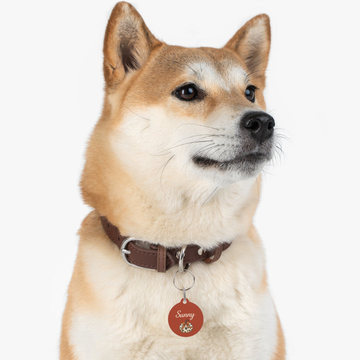 Shiba Inu wearing a rust pumpkin personalized dog tag on its collar