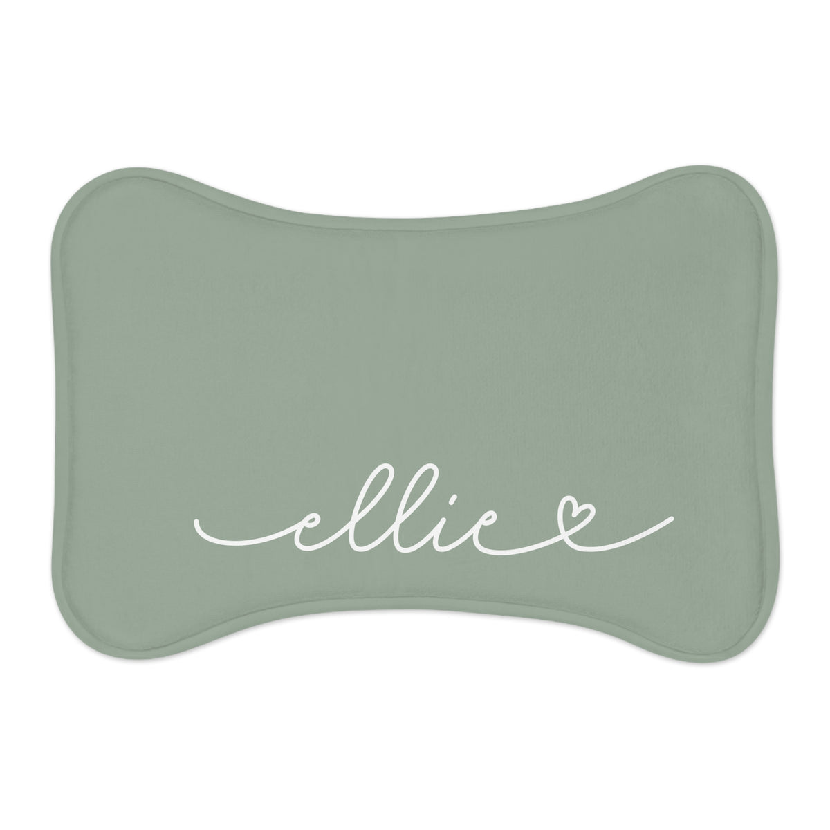 Sage green bone-shaped personalized pet feeding mat with the name Ellie in white handwritten script and a small heart