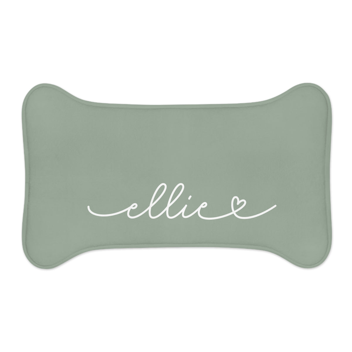 Large sage green bone-shaped personalized pet feeding mat with a white script name