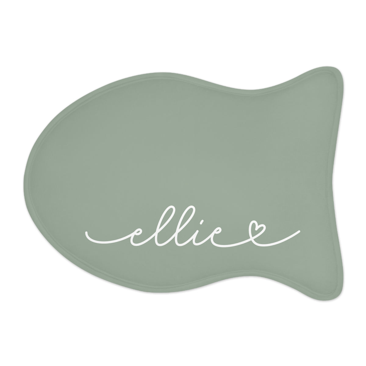 Sage green fish-shaped personalized pet feeding mat for cats with a white script name