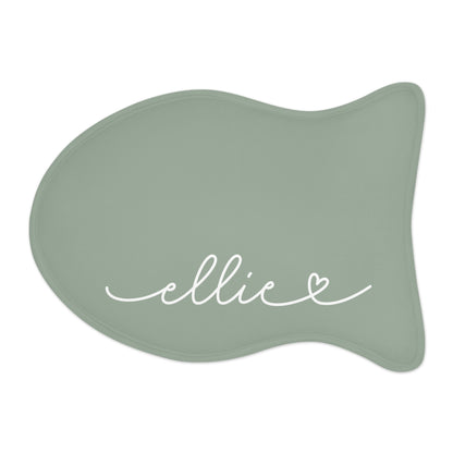 Sage green fish-shaped personalized pet feeding mat for cats with a white script name