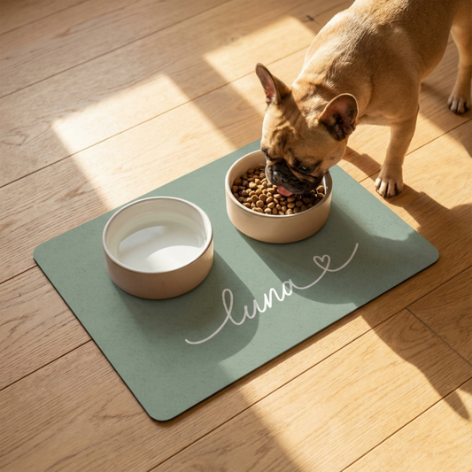 Dog eating from a bowl on a sage green personalized pet food mat in a sunlit room