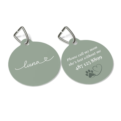 Front and back of the sage green personalized pet tag side by side