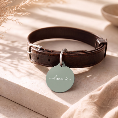 Sage green personalized pet tag on a dark leather collar resting on a table