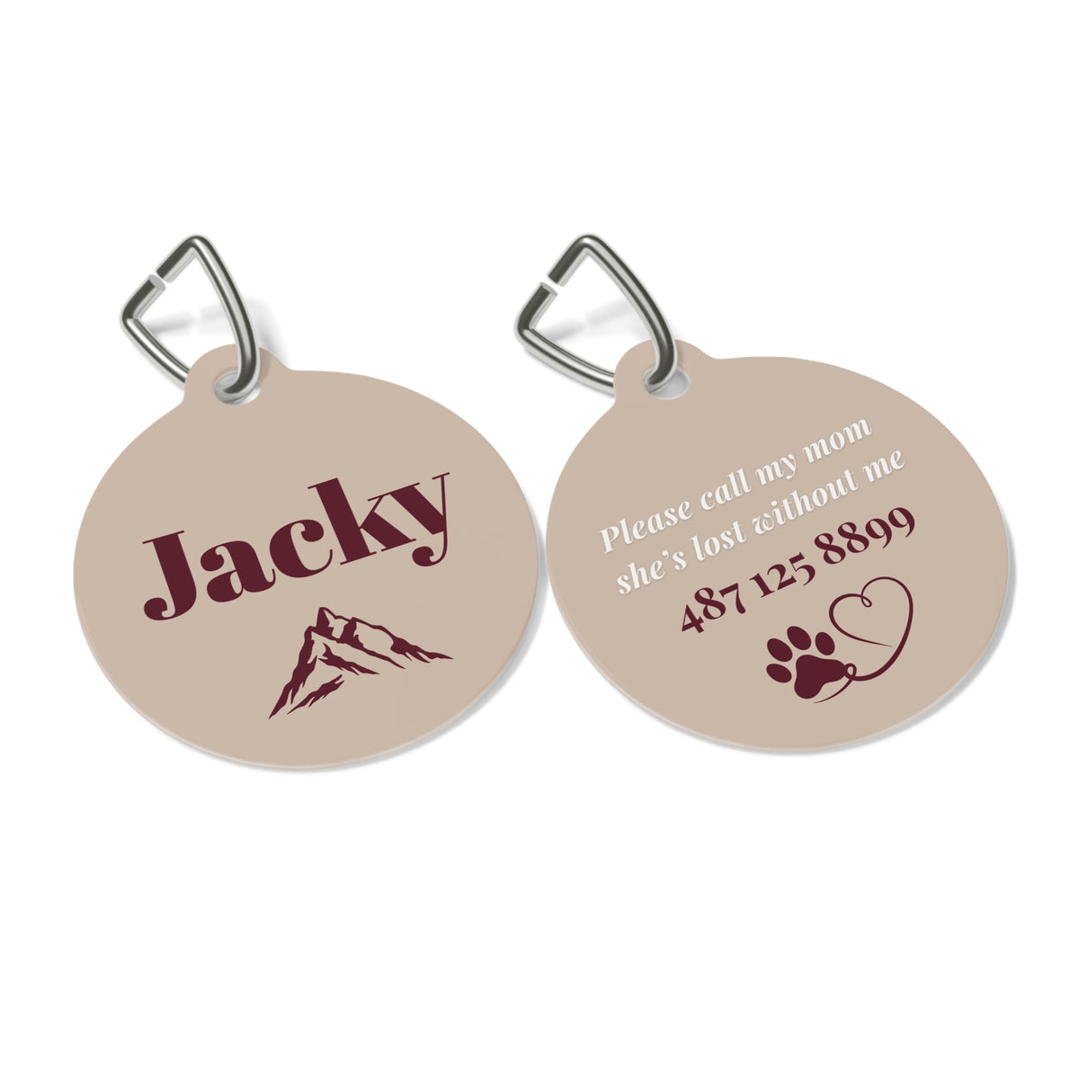 Front and back of the sand mountain personalized pet tag with engraved contact details