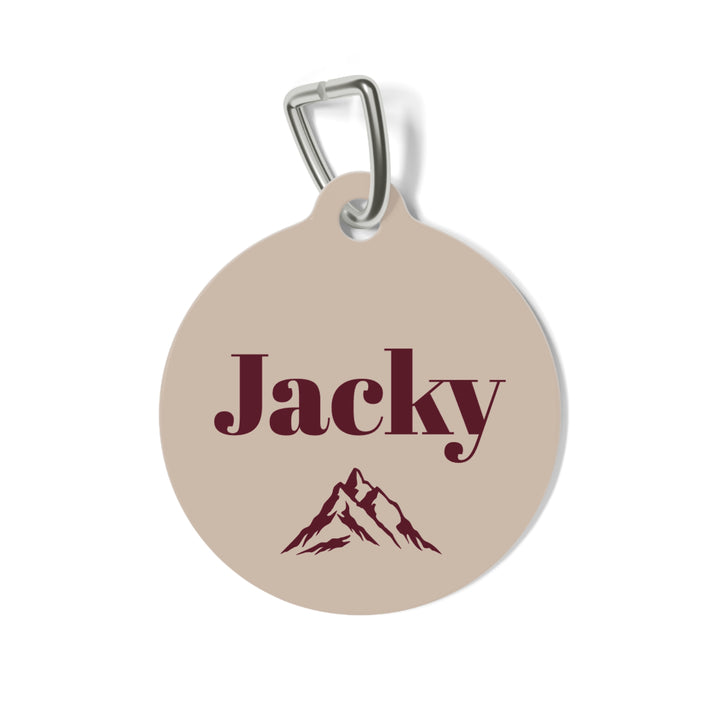 Sand mountain personalized pet tag with the name Jacky in burgundy and a small mountain peak