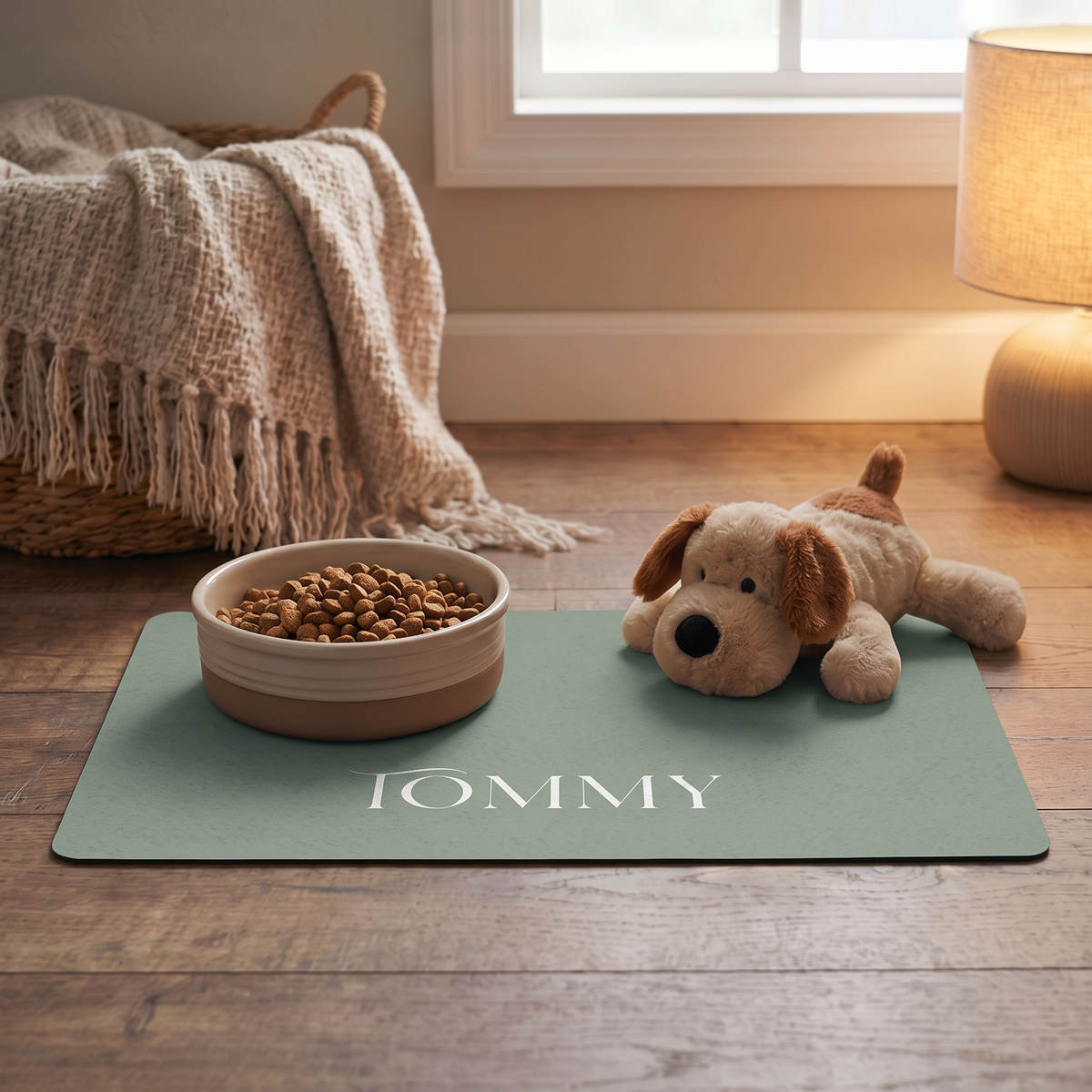 Soft sage personalized pet food mat with a food bowl and a plush toy puppy in a cozy sunlit room
