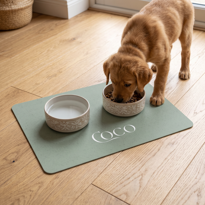 Golden puppy eating from a bowl on a soft sage personalized pet food mat with the name Coco