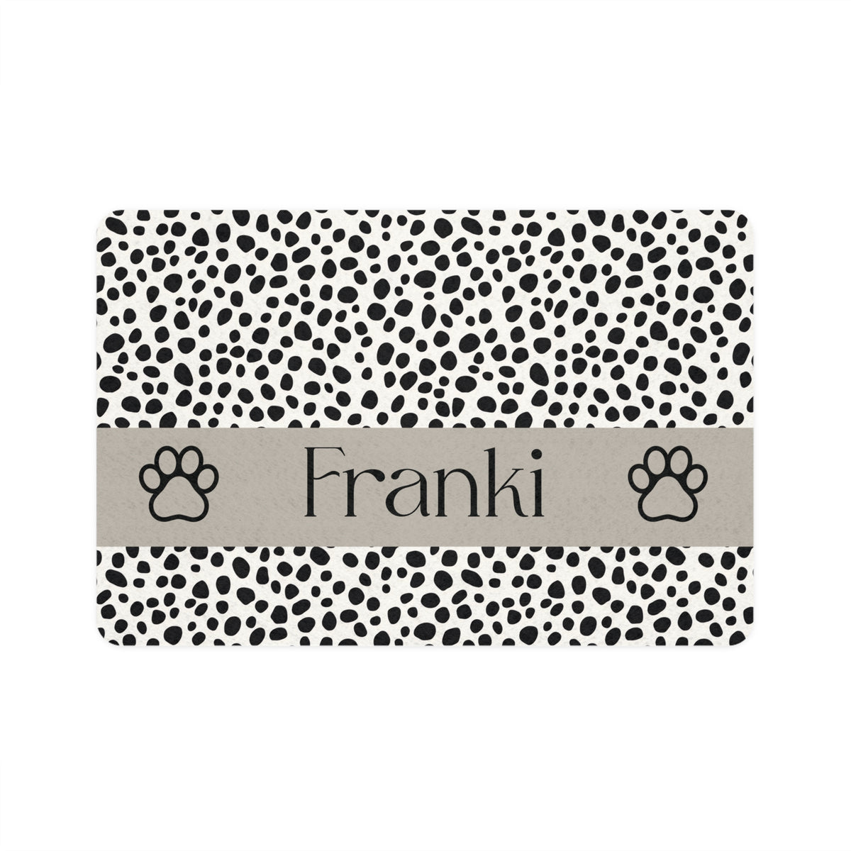Black spotted personalized pet food mat with a taupe band, the name Franki and two paw prints