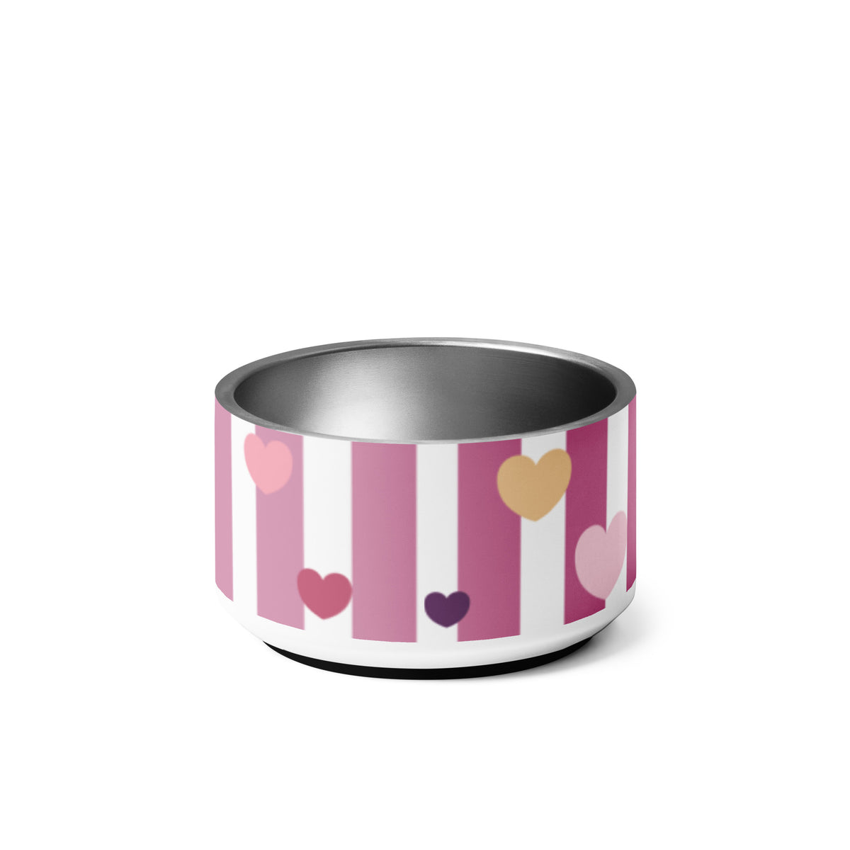 Back of the 18 oz pink striped hearts personalized dog bowl