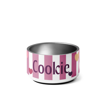 18 oz pink striped hearts personalized dog bowl with the name Cookie