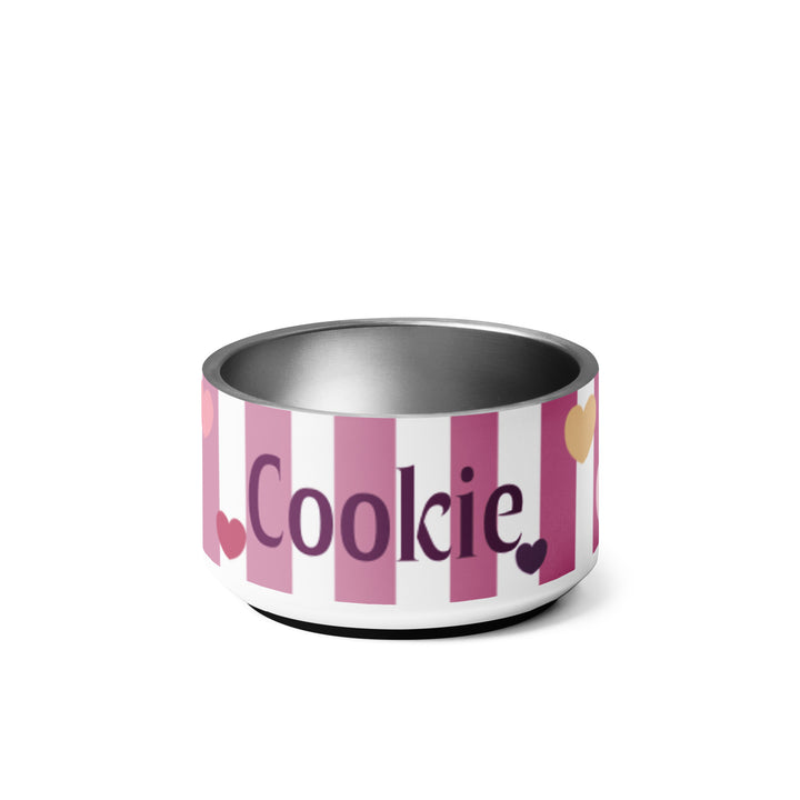 18 oz pink striped hearts personalized dog bowl with the name Cookie
