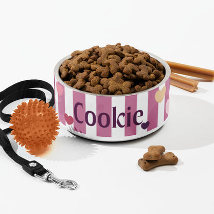 Pink striped hearts personalized dog bowl with kibble styled with a leash, toy and cinnamon sticks