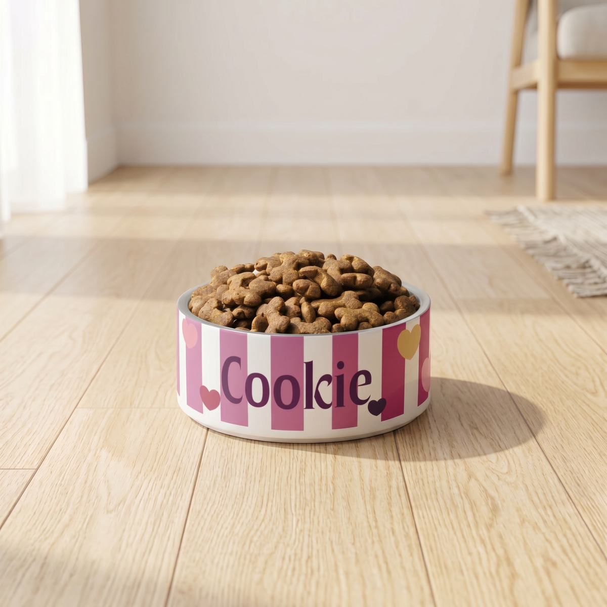 Pink striped hearts personalized dog bowl with kibble on a light wooden floor