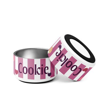 Pair of pink striped hearts personalized dog bowls, alternate angle