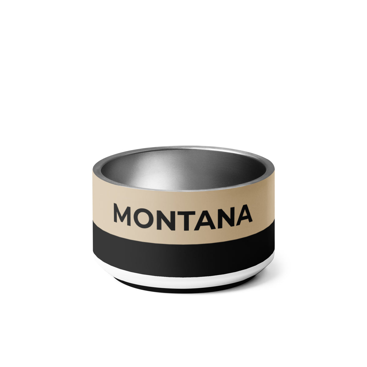 Tan and black two-tone personalized stainless steel dog bowl 18 oz with the name Montana in black capitals