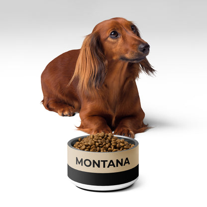 Dachshund sitting behind a tan and black two-tone personalized dog bowl filled with kibble