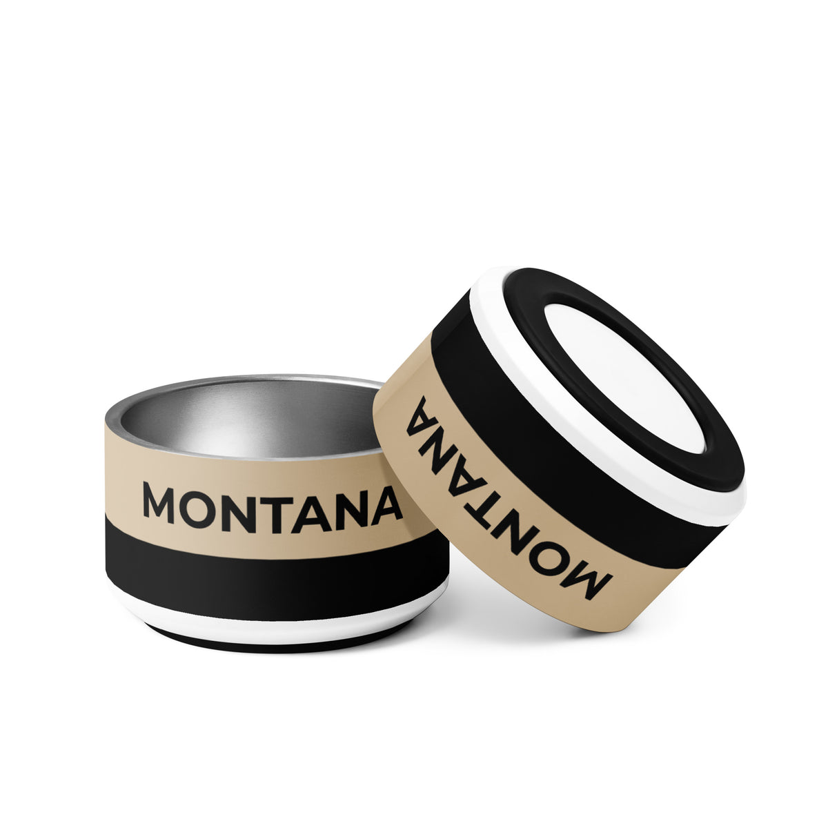 Two tan and black two-tone personalized dog bowls with the name Montana, one tilted to show the rim