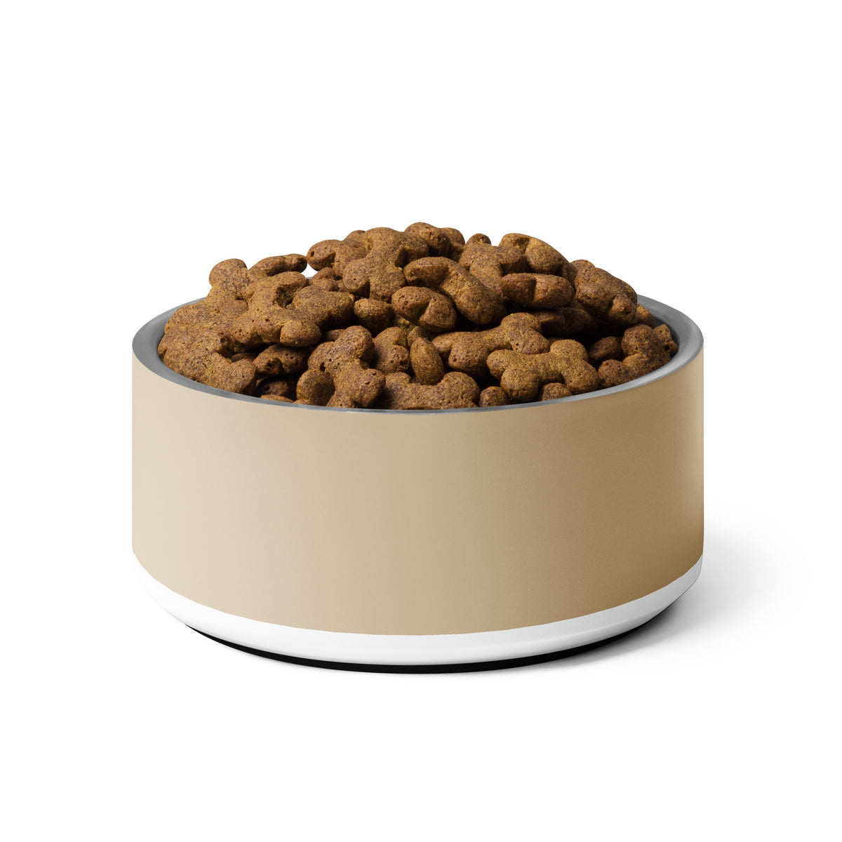 Back of the large tan good boy personalized dog bowl filled with kibble
