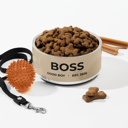 Large tan good boy personalized dog bowl with kibble, a leash, a ball and dog treats