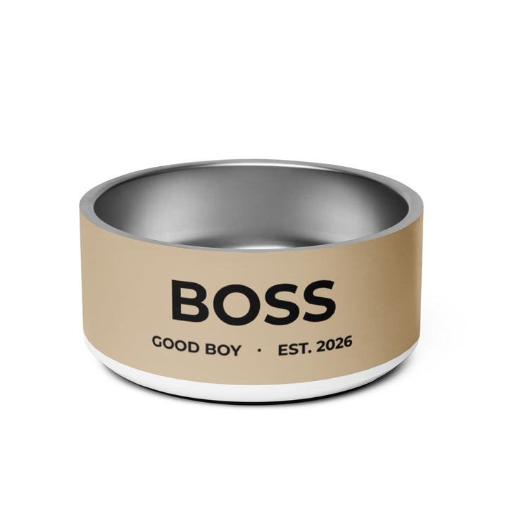 Tan good boy personalized stainless steel dog bowl 32 oz with the name Boss in bold black capitals