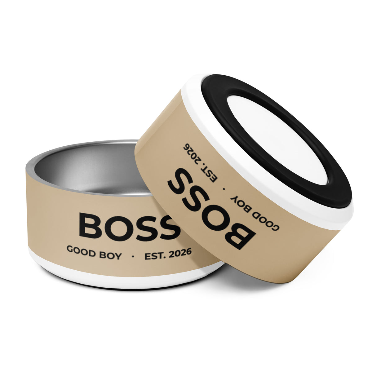Two large tan good boy personalized dog bowls with the name Boss, one tilted to show the rim